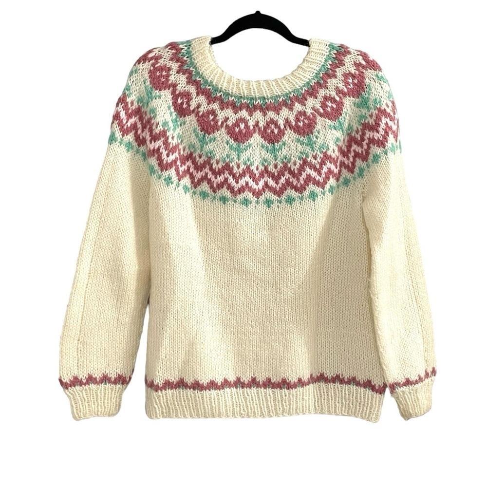 HANDMADE HANDKNIT Fair Isle Chunky Knit Cottagecore Sweater Roses Flowers Cream
